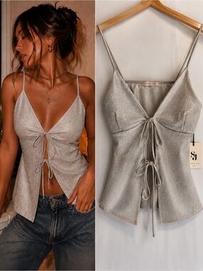 Sincerely Jules Silver Metallic Lurex Open Tie Front Cami Tank Top Size M NWT